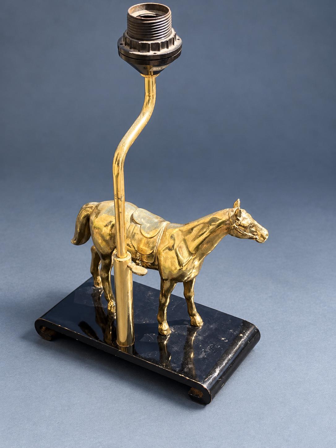 Vintage Horse Table Lamp Base, Attributed 1970s, Gold-Tone Saddled Horse on Black Lacquered Scroll-End Wooden Stand, Adjustable Height