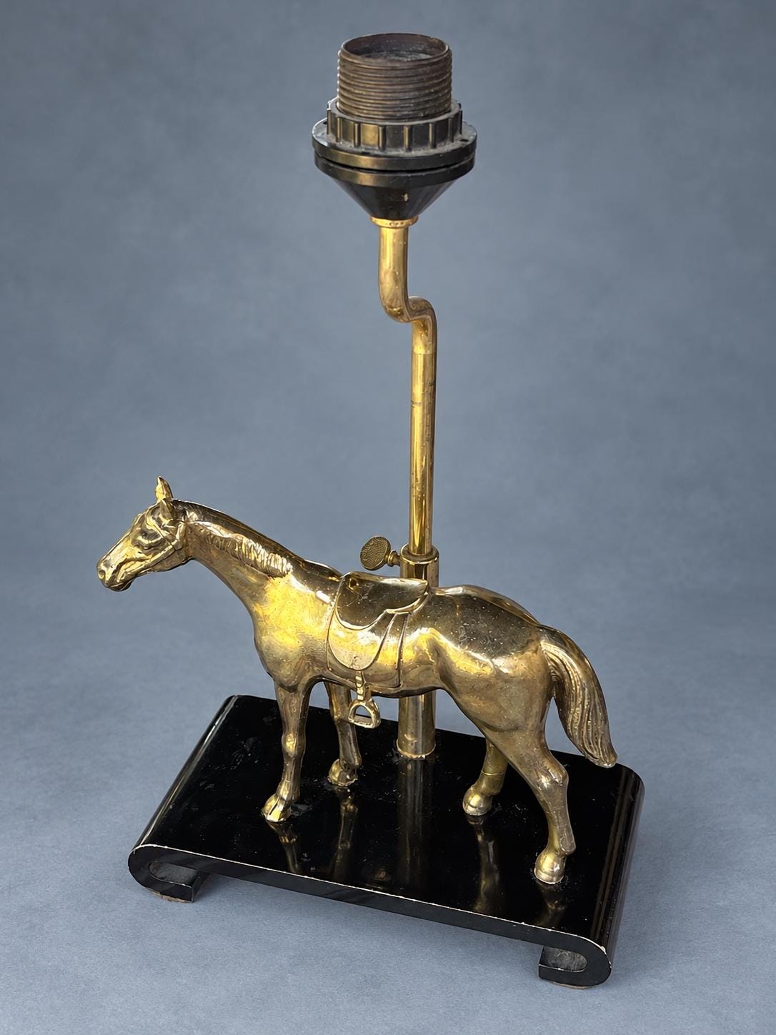 Vintage Horse Table Lamp Base, Attributed 1970s, Gold-Tone Saddled Horse on Black Lacquered Scroll-End Wooden Stand, Adjustable Height