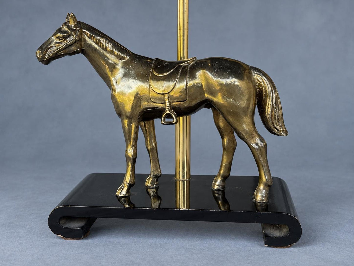 Vintage Horse Table Lamp Base, Attributed 1970s, Gold-Tone Saddled Horse on Black Lacquered Scroll-End Wooden Stand, Adjustable Height