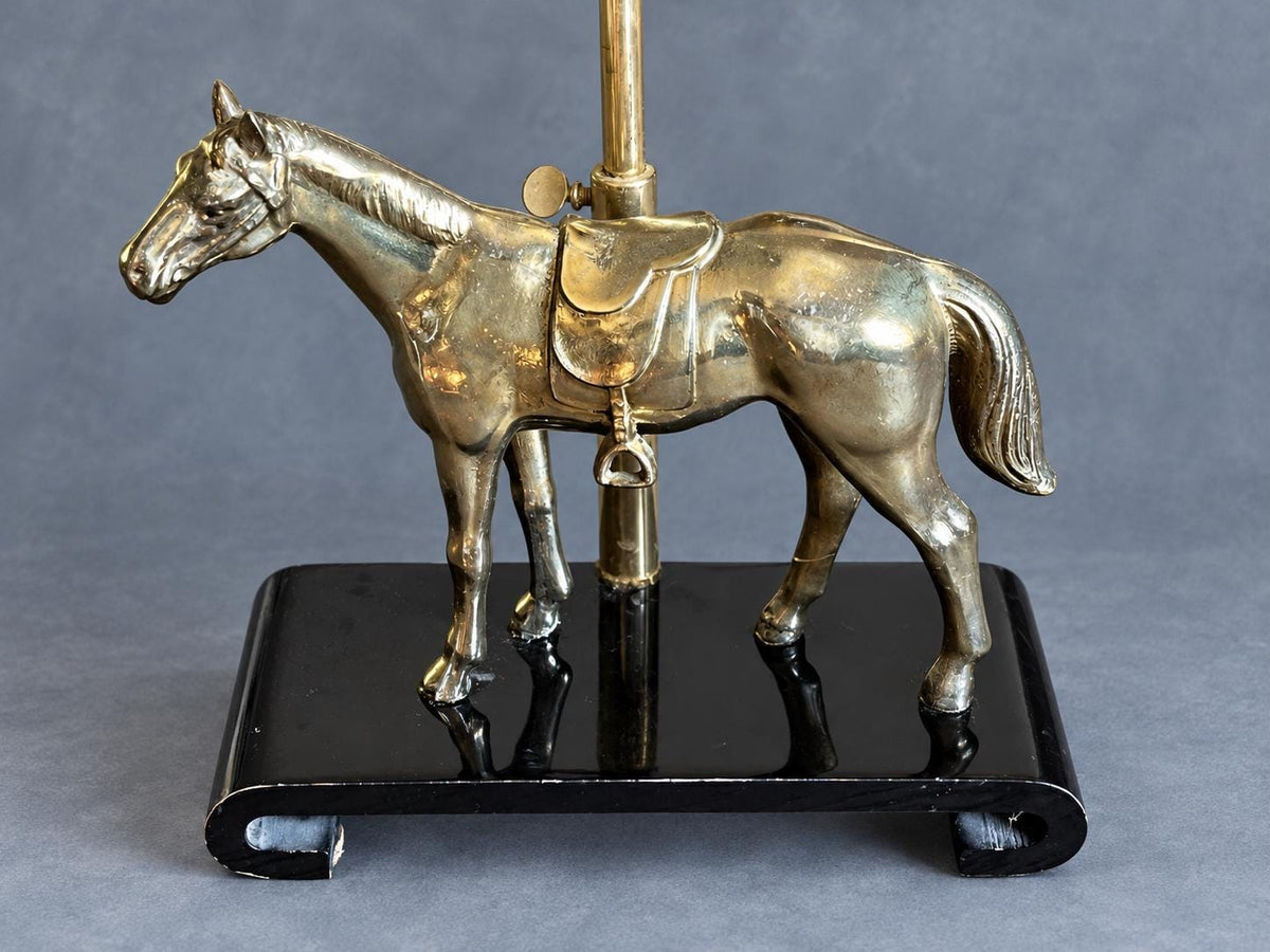 Vintage Horse Table Lamp Base, Attributed 1970s, Gold-Tone Saddled Horse on Black Lacquered Scroll-End Wooden Stand, Adjustable Height