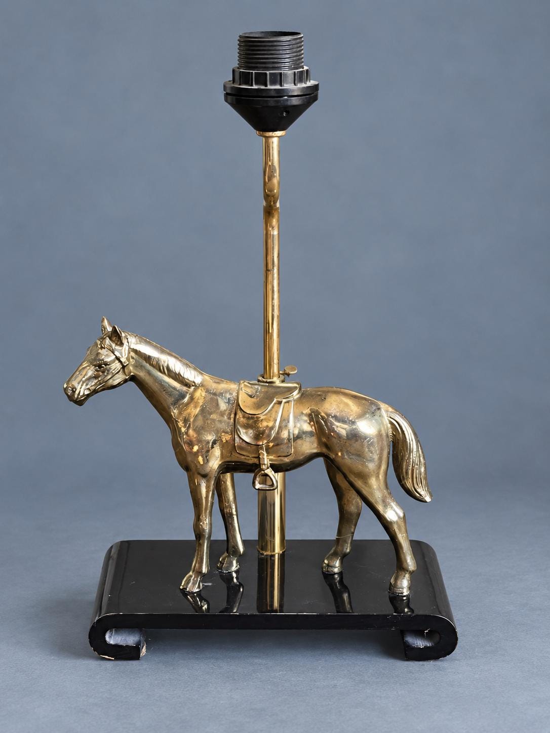 Vintage Horse Table Lamp Base, Attributed 1970s, Gold-Tone Saddled Horse on Black Lacquered Scroll-End Wooden Stand, Adjustable Height