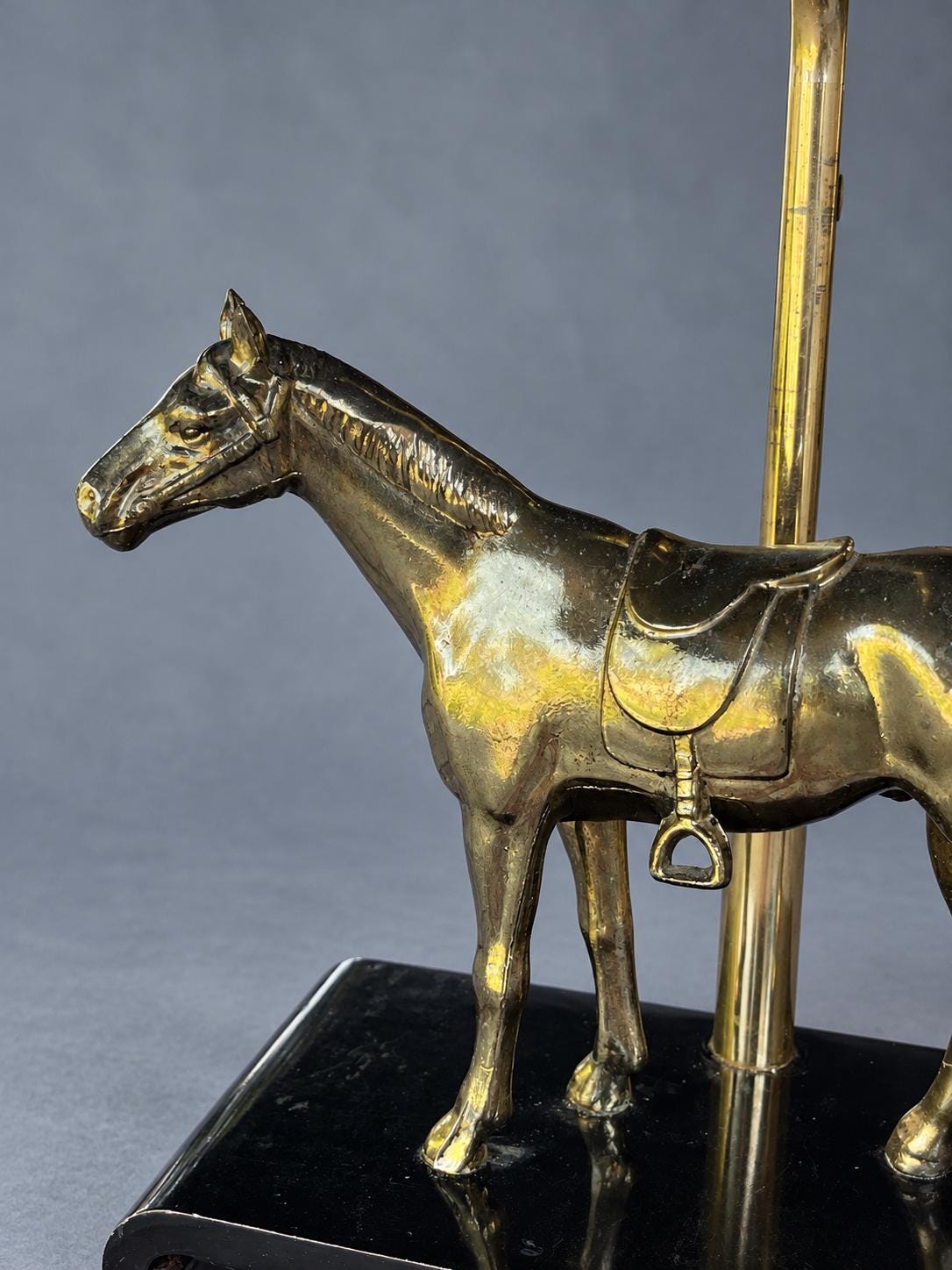 Vintage Horse Table Lamp Base, Attributed 1970s, Gold-Tone Saddled Horse on Black Lacquered Scroll-End Wooden Stand, Adjustable Height