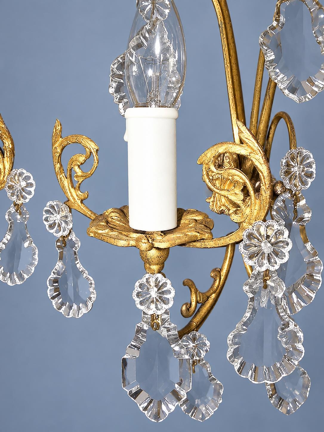 Vintage Pair of Gilt Metal Wall Sconces with Faceted Glass Drops, Two Lights Each, Scrolled Arms and Arched Hoops, Early 20th Century, 33 cm