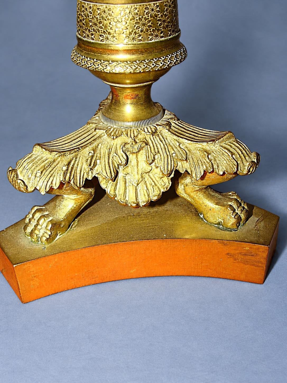 Vintage Restauration Style Candlestick Table Lamp, Gold-Tone Metal Fluted Column on Lion-Paw Tripod Base, 19th Century, Sold Without Shade