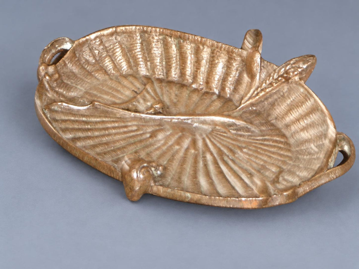 Vintage Basket-Weave Vide-Poche with Snail and Ear of Wheat, Patinated Metal Woven Dish with Twin Handles, 11 cm