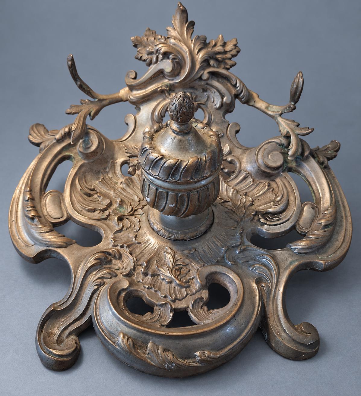 Vintage Louis XV Rocaille Style Inkstand, Silver-Tone Metal with Gadrooned Urn Inkwell and Pierced Scroll Tray, Attributed Late 19th Century
