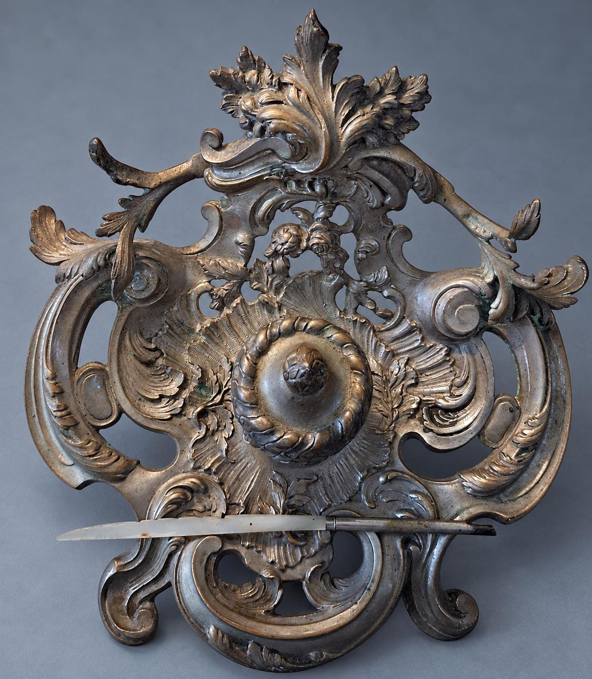 Vintage Louis XV Rocaille Style Inkstand, Silver-Tone Metal with Gadrooned Urn Inkwell and Pierced Scroll Tray, Attributed Late 19th Century