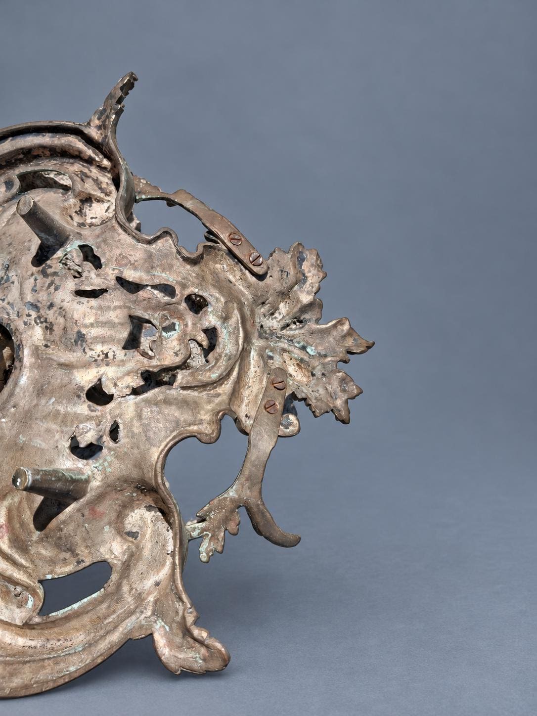 Vintage Louis XV Rocaille Style Inkstand, Silver-Tone Metal with Gadrooned Urn Inkwell and Pierced Scroll Tray, Attributed Late 19th Century