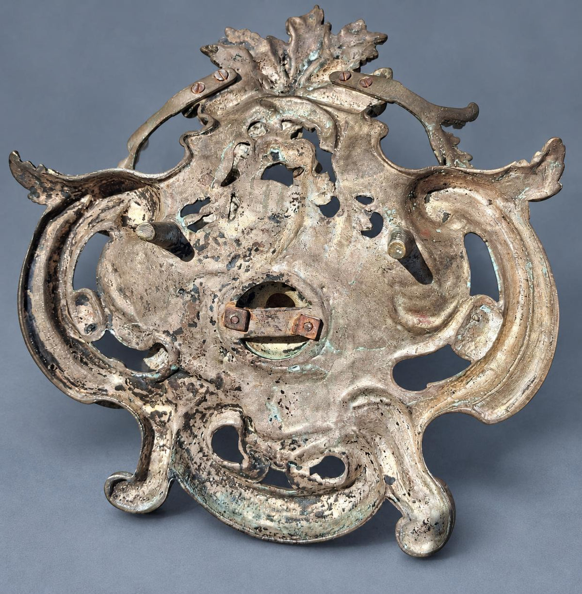 Vintage Louis XV Rocaille Style Inkstand, Silver-Tone Metal with Gadrooned Urn Inkwell and Pierced Scroll Tray, Attributed Late 19th Century