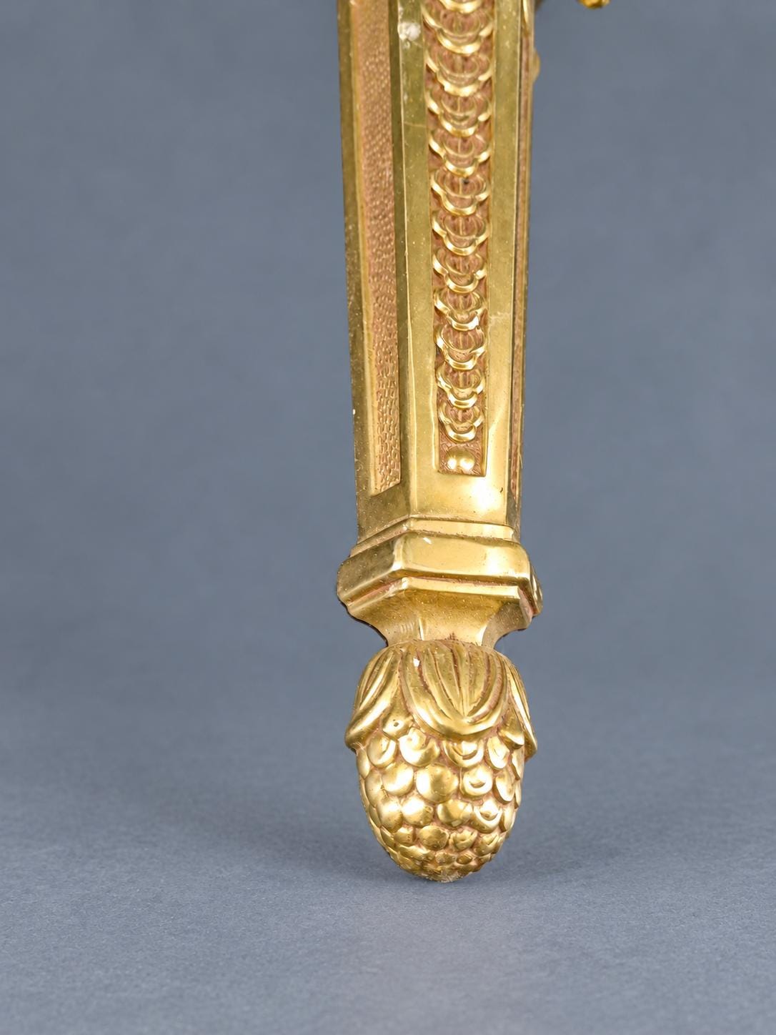Vintage Pair of Large Louis XVI Style Gilt Metal Wall Sconces, Tapering Backplates with Urn Finials and Rosettes, Two Lights Each, 36 cm