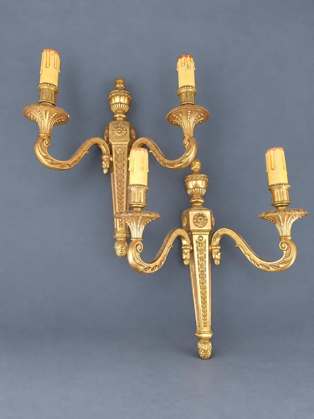 Vintage Pair of Large Louis XVI Style Gilt Metal Wall Sconces, Tapering Backplates with Urn Finials and Rosettes, Two Lights Each, 36 cm