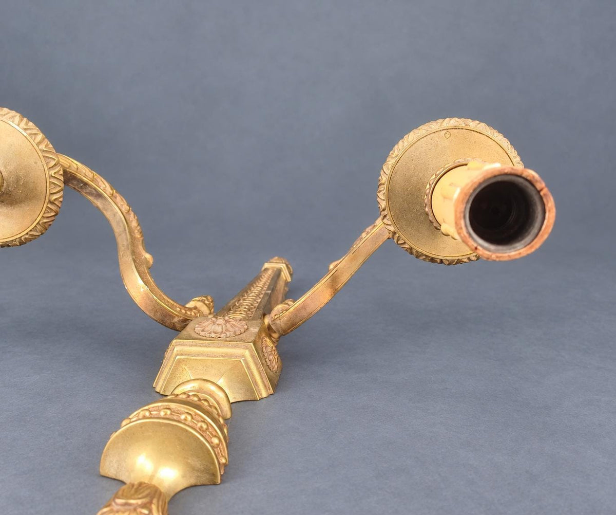 Vintage Pair of Large Louis XVI Style Gilt Metal Wall Sconces, Tapering Backplates with Urn Finials and Rosettes, Two Lights Each, 36 cm