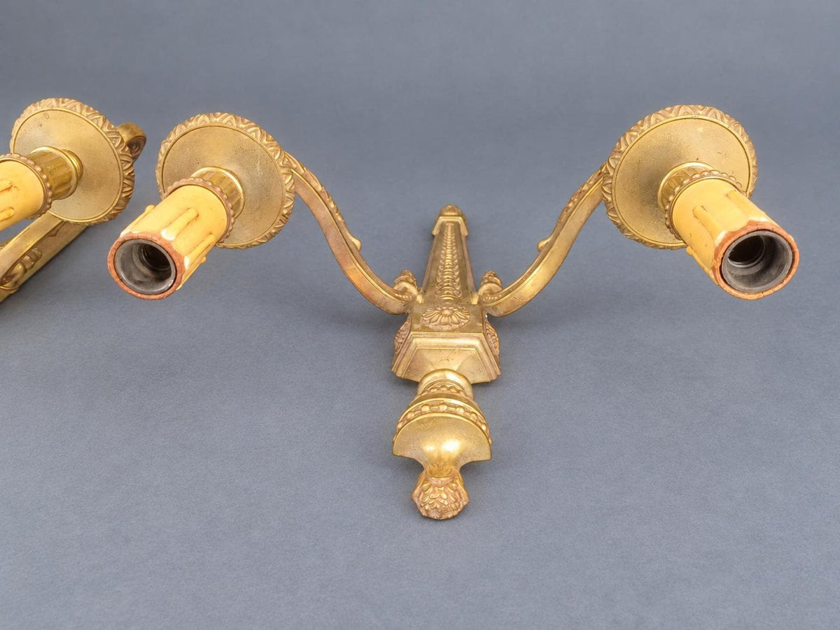 Vintage Pair of Large Louis XVI Style Gilt Metal Wall Sconces, Tapering Backplates with Urn Finials and Rosettes, Two Lights Each, 36 cm