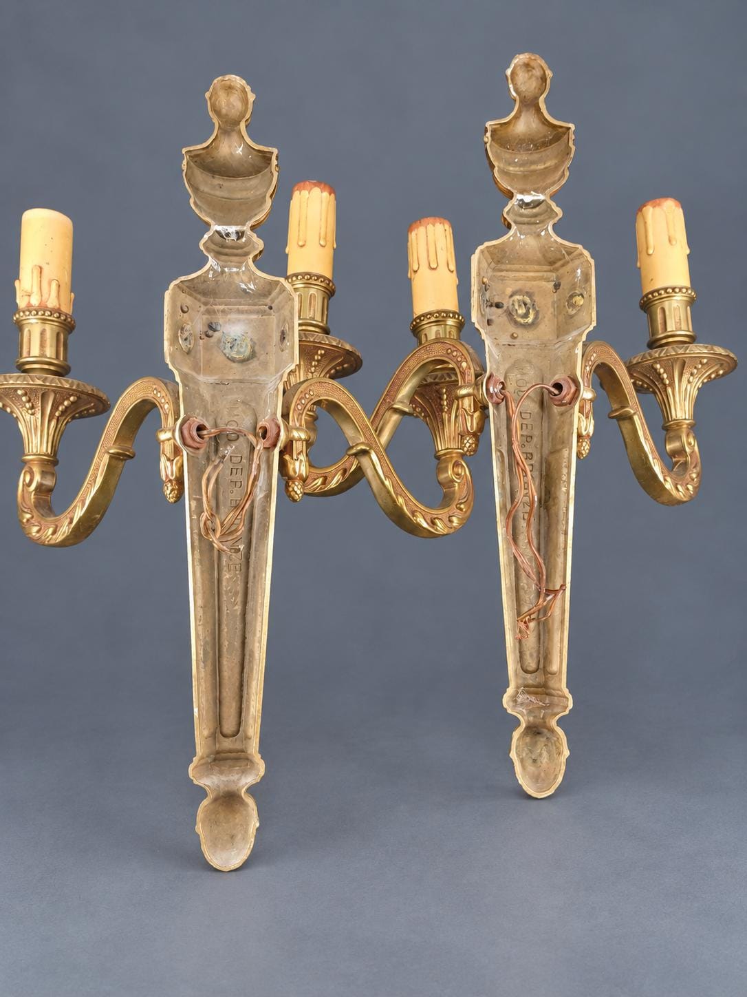 Vintage Pair of Large Louis XVI Style Gilt Metal Wall Sconces, Tapering Backplates with Urn Finials and Rosettes, Two Lights Each, 36 cm