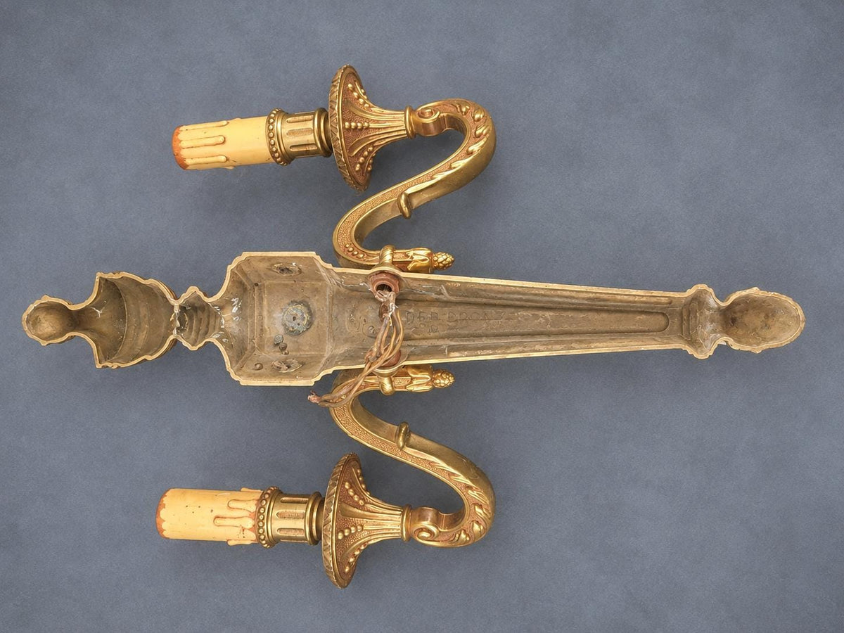 Vintage Pair of Large Louis XVI Style Gilt Metal Wall Sconces, Tapering Backplates with Urn Finials and Rosettes, Two Lights Each, 36 cm