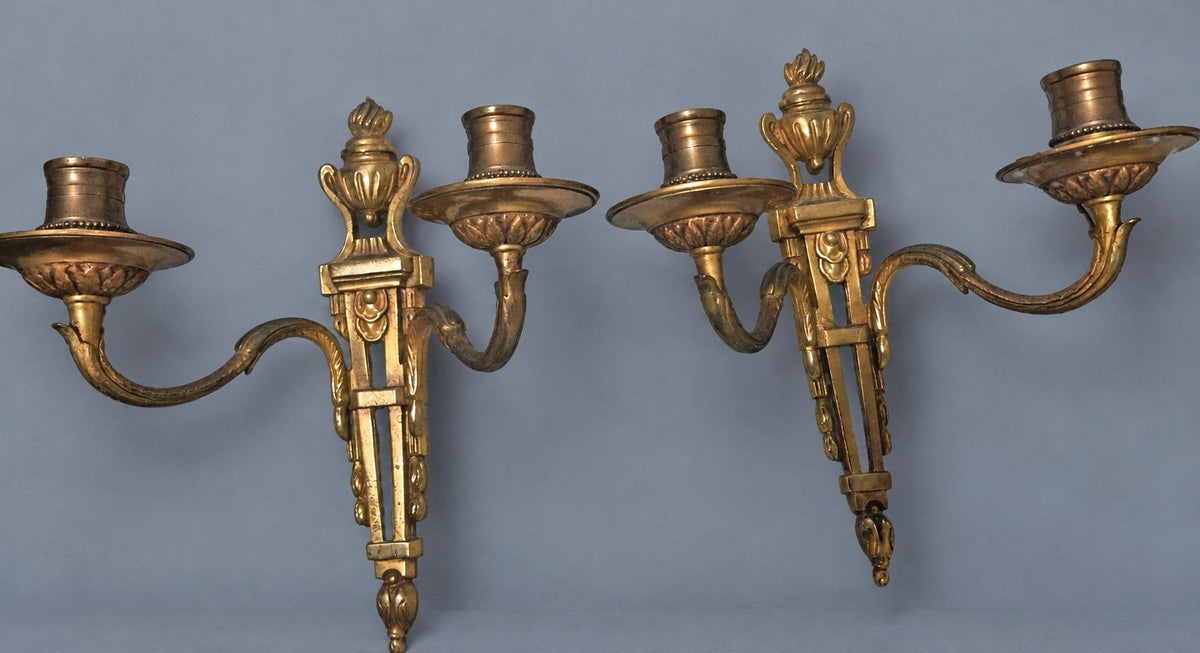 Vintage Pair of Louis XVI Style Two-Arm Candle Sconces, Gilt Metal with Flaming Urn Finials and Pierced Backplates, Late 19th Century, 26 cm