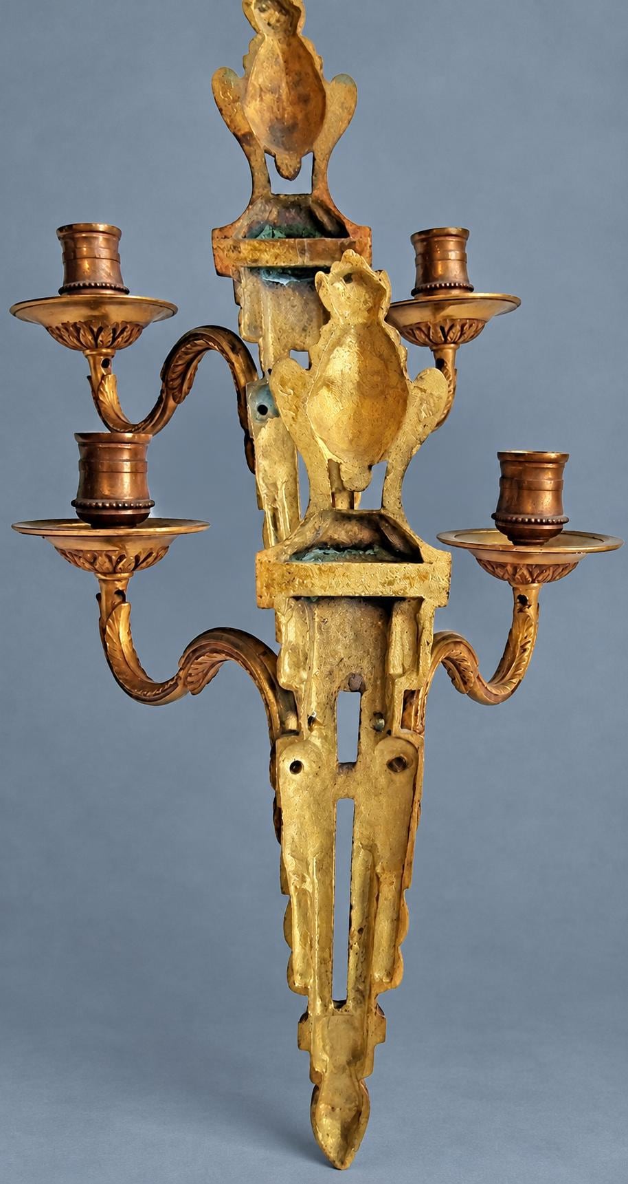 Vintage Pair of Louis XVI Style Two-Arm Candle Sconces, Gilt Metal with Flaming Urn Finials and Pierced Backplates, Late 19th Century, 26 cm