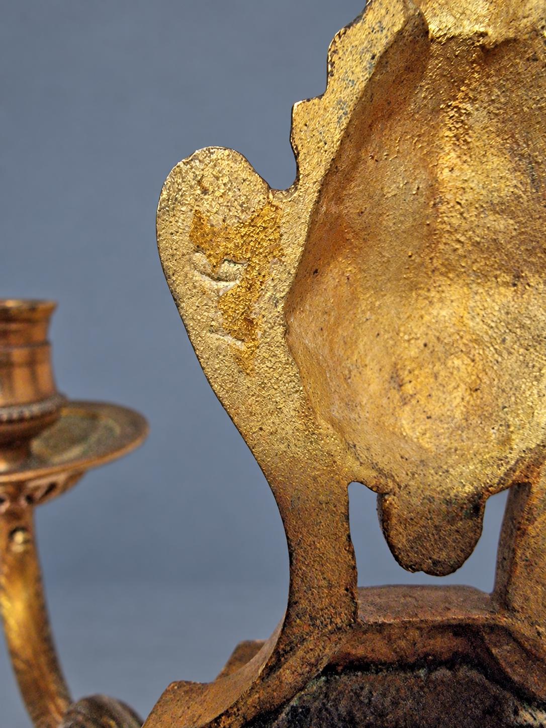 Vintage Pair of Louis XVI Style Two-Arm Candle Sconces, Gilt Metal with Flaming Urn Finials and Pierced Backplates, Late 19th Century, 26 cm