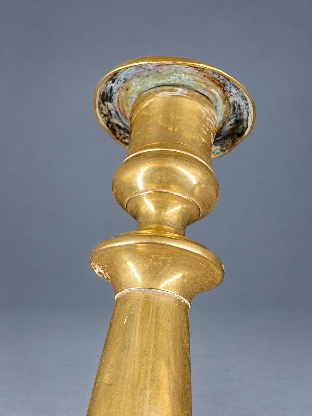 Vintage Pair of Brass Candlesticks, Restauration Style Baluster Stems on Domed Round Bases, Attributed 19th Century, 28 cm