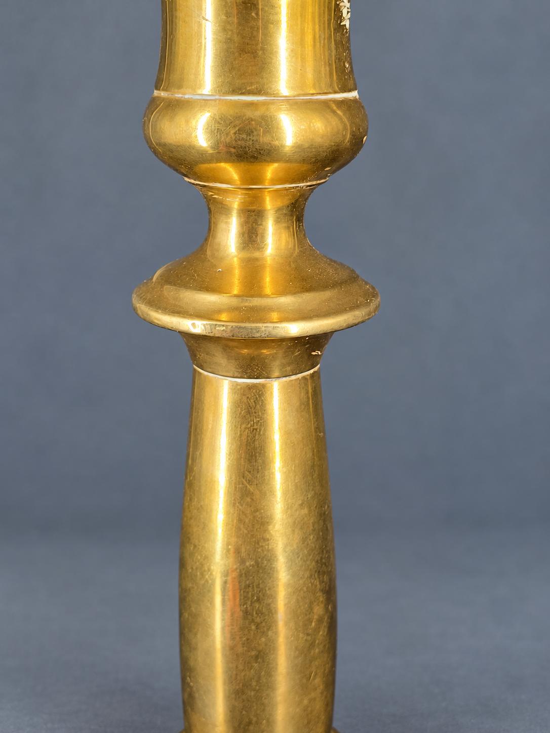 Vintage Pair of Brass Candlesticks, Restauration Style Baluster Stems on Domed Round Bases, Attributed 19th Century, 28 cm