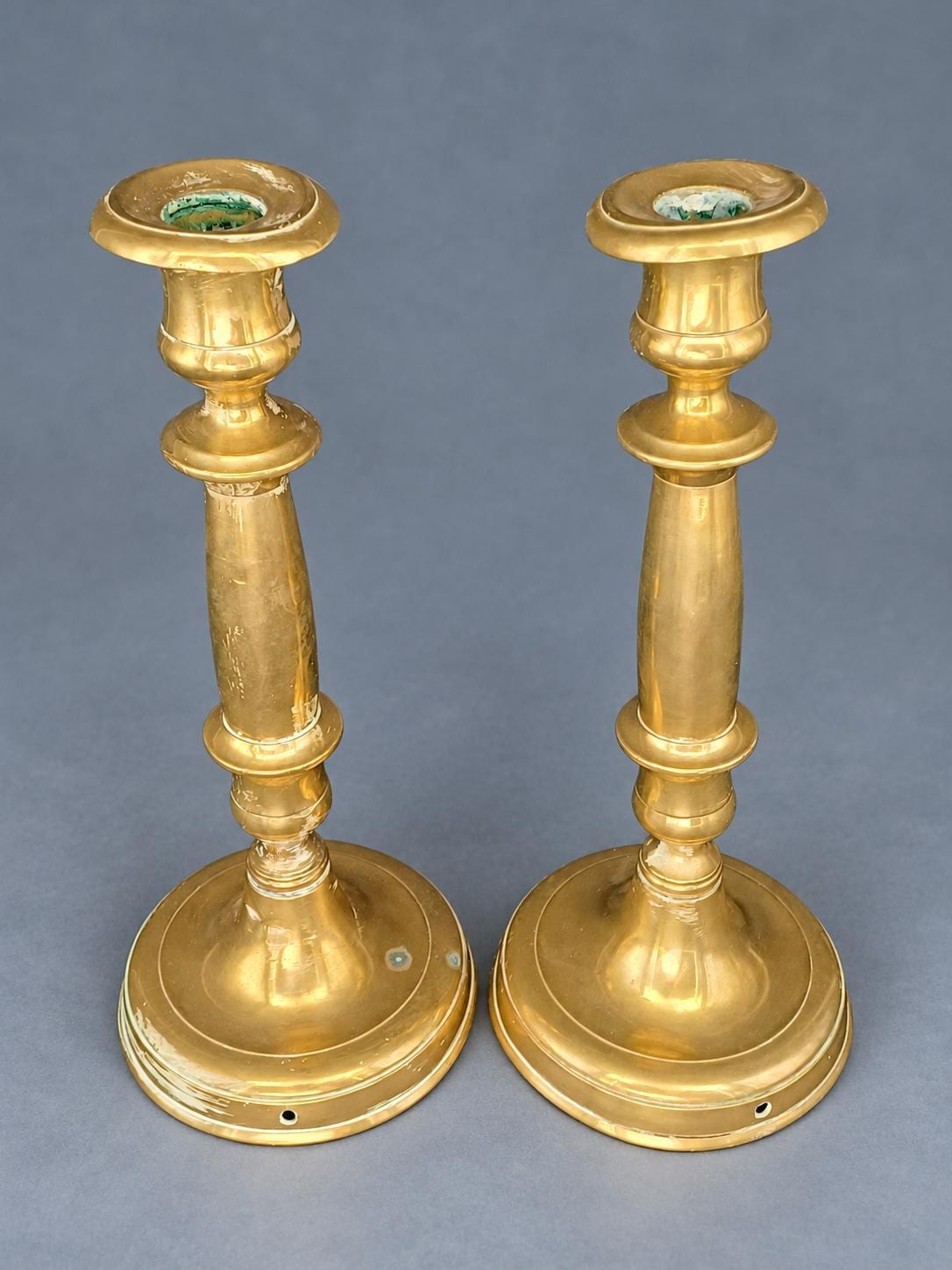 Vintage Pair of Brass Candlesticks, Restauration Style Baluster Stems on Domed Round Bases, Attributed 19th Century, 28 cm
