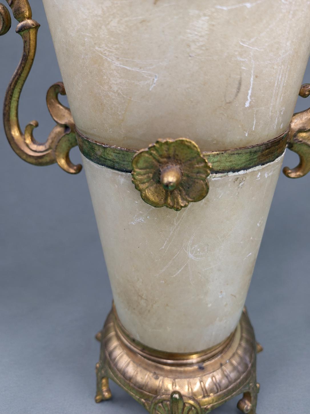 Vintage Pair of Napoléon III Style Alabaster Mantel Vases, Gilt Metal Mounts with Scrolled Handles and Palmette Tripod Feet, 19th Century