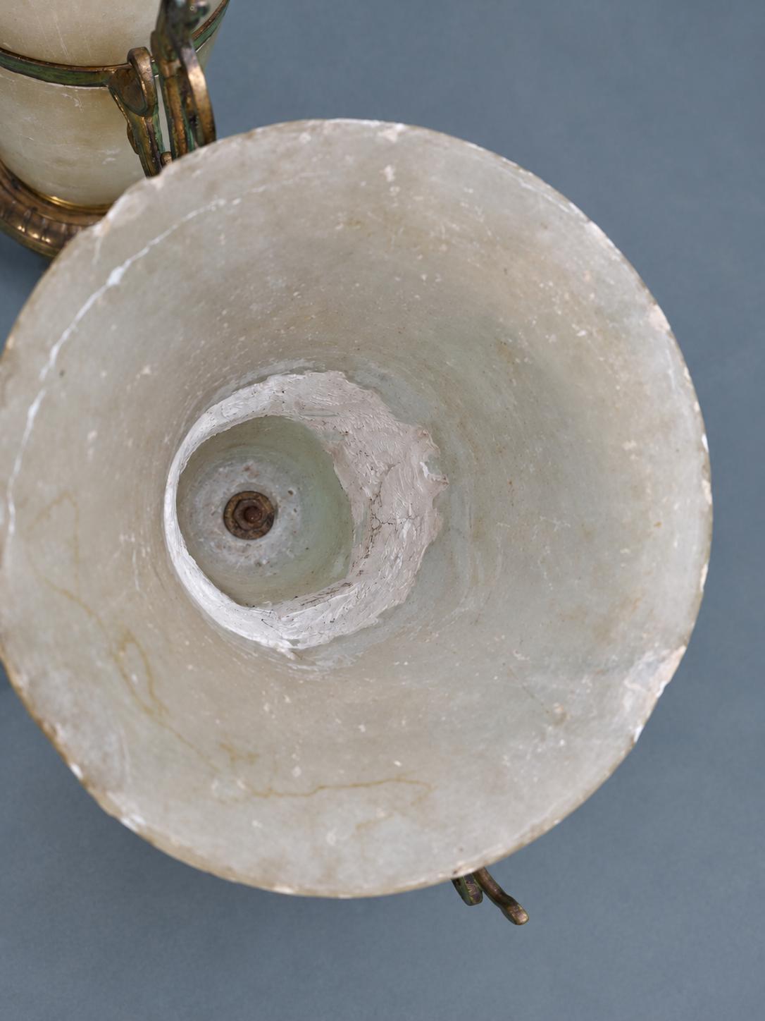Vintage Pair of Napoléon III Style Alabaster Mantel Vases, Gilt Metal Mounts with Scrolled Handles and Palmette Tripod Feet, 19th Century