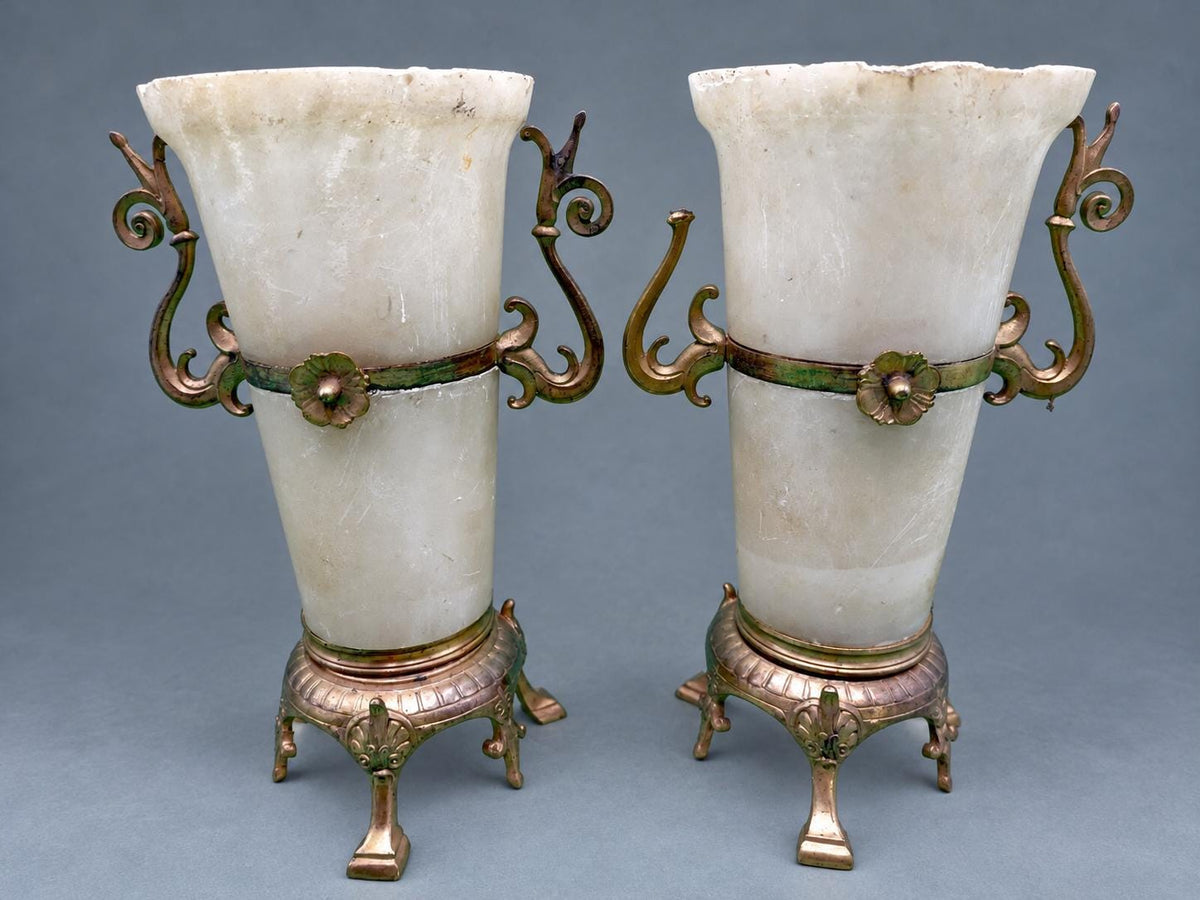 Vintage Pair of Napoléon III Style Alabaster Mantel Vases, Gilt Metal Mounts with Scrolled Handles and Palmette Tripod Feet, 19th Century