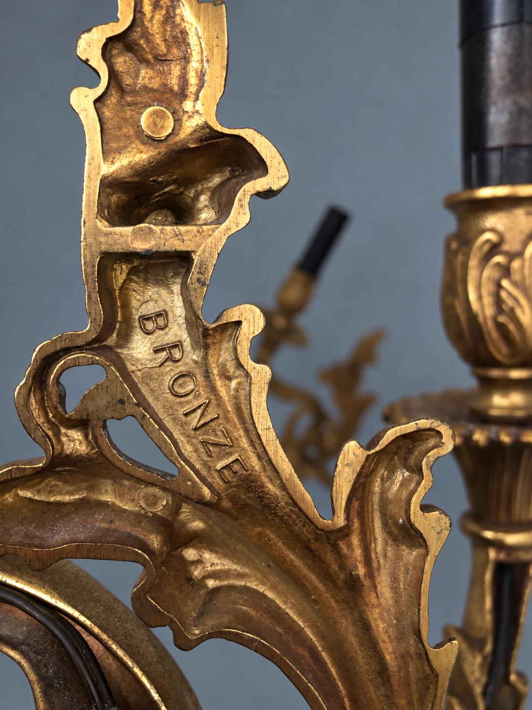 Vintage Mirror-Image Pair of Large Louis XV Style Gilt Metal Wall Sconces, Looping Acanthus Arms with Tulip Cups, Two Lights Each, 35 cm