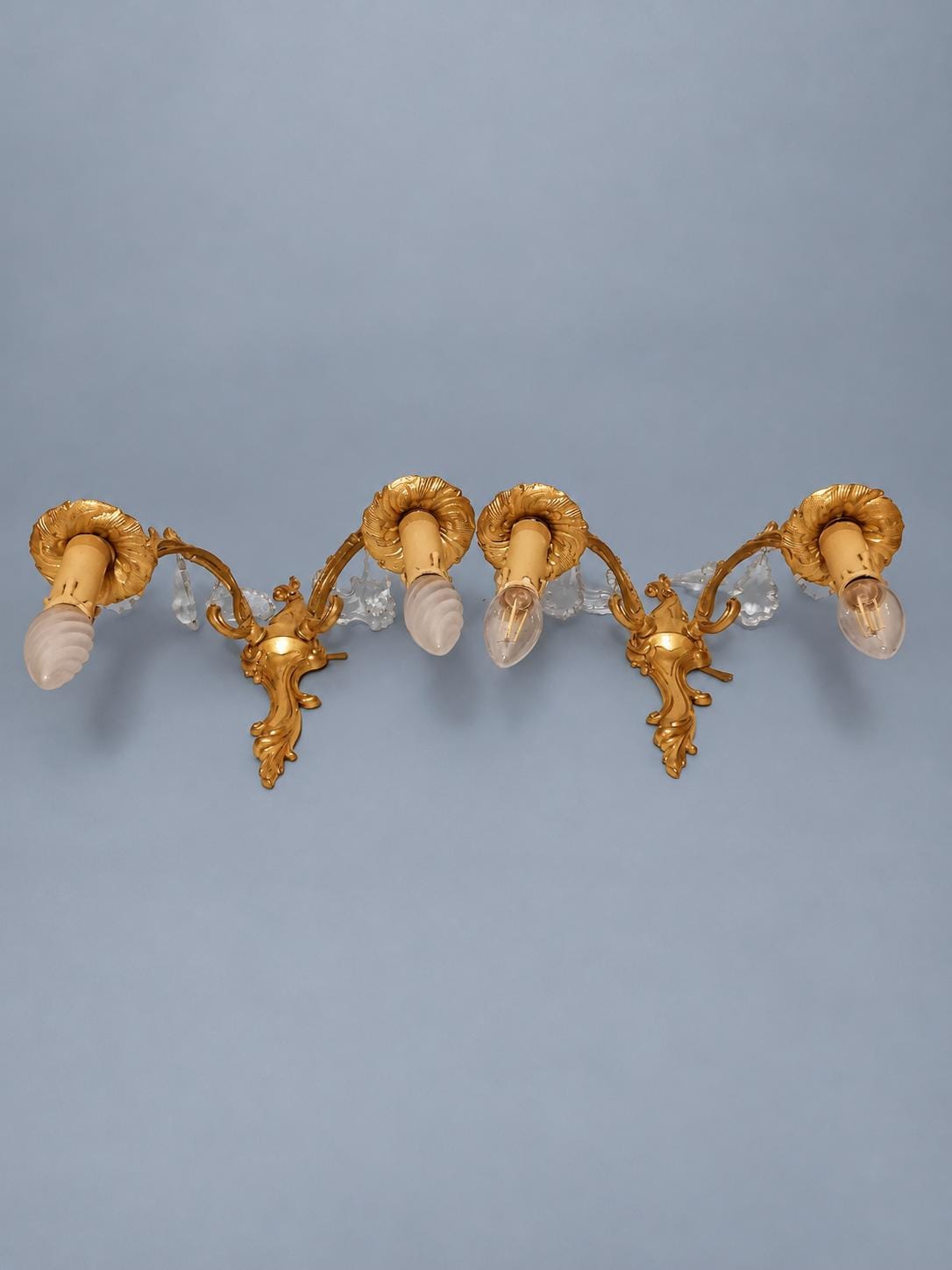 Vintage Pair of Louis XV Style Gilt Metal Wall Sconces with Faceted Glass Drops, Two Scrolled Arms Each, 36 cm