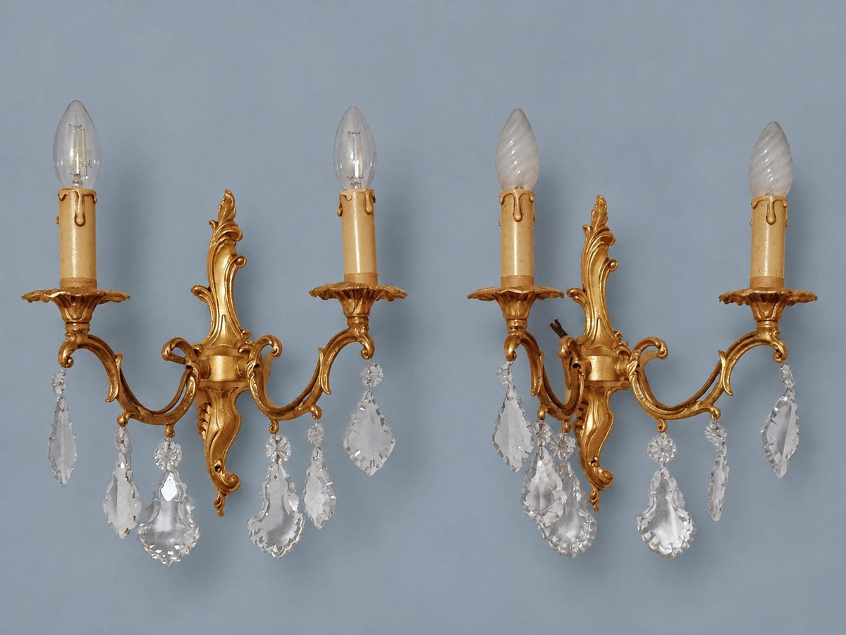 Vintage Pair of Louis XV Style Gilt Metal Wall Sconces with Faceted Glass Drops, Two Scrolled Arms Each, 36 cm