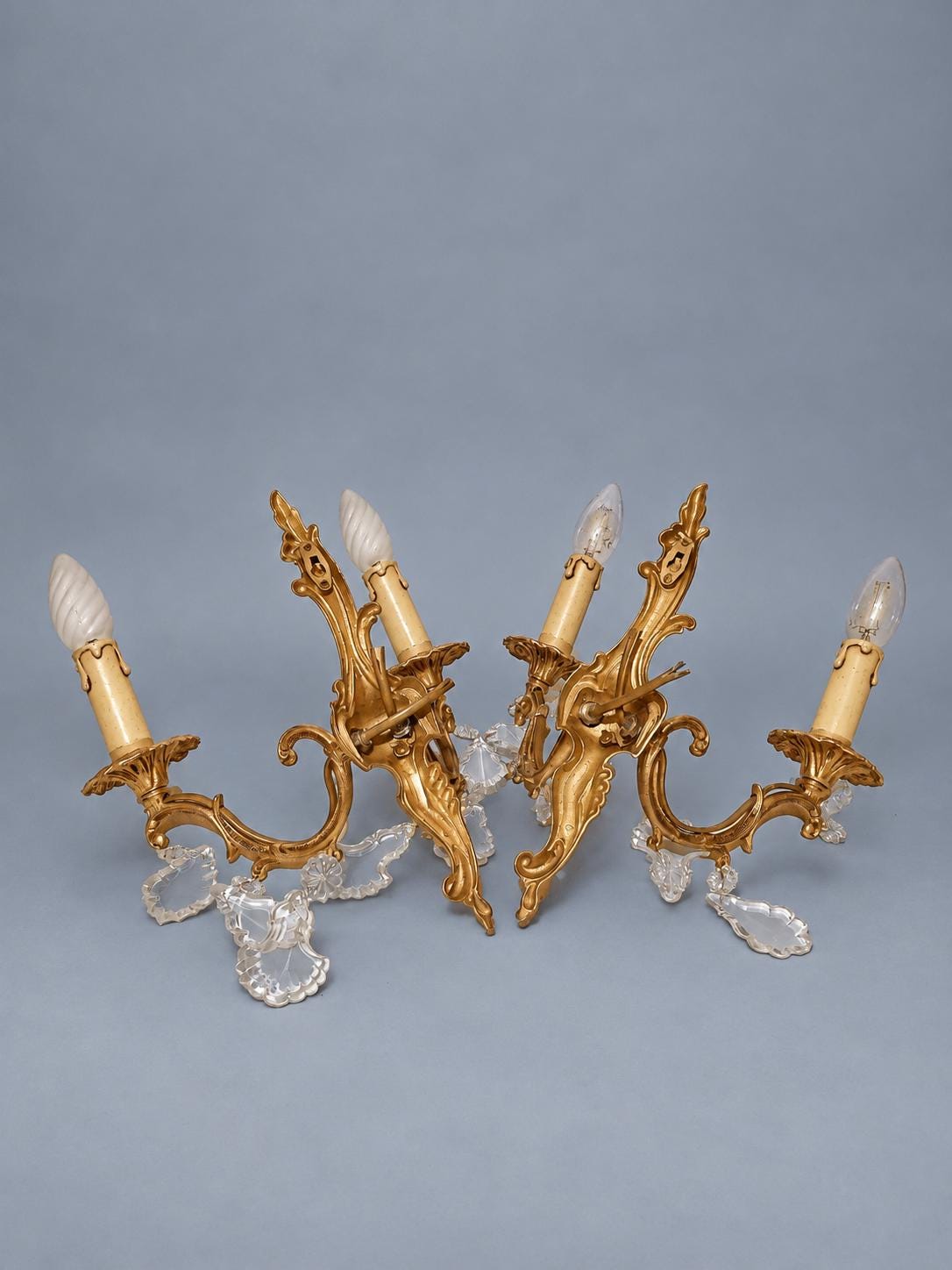 Vintage Pair of Louis XV Style Gilt Metal Wall Sconces with Faceted Glass Drops, Two Scrolled Arms Each, 36 cm