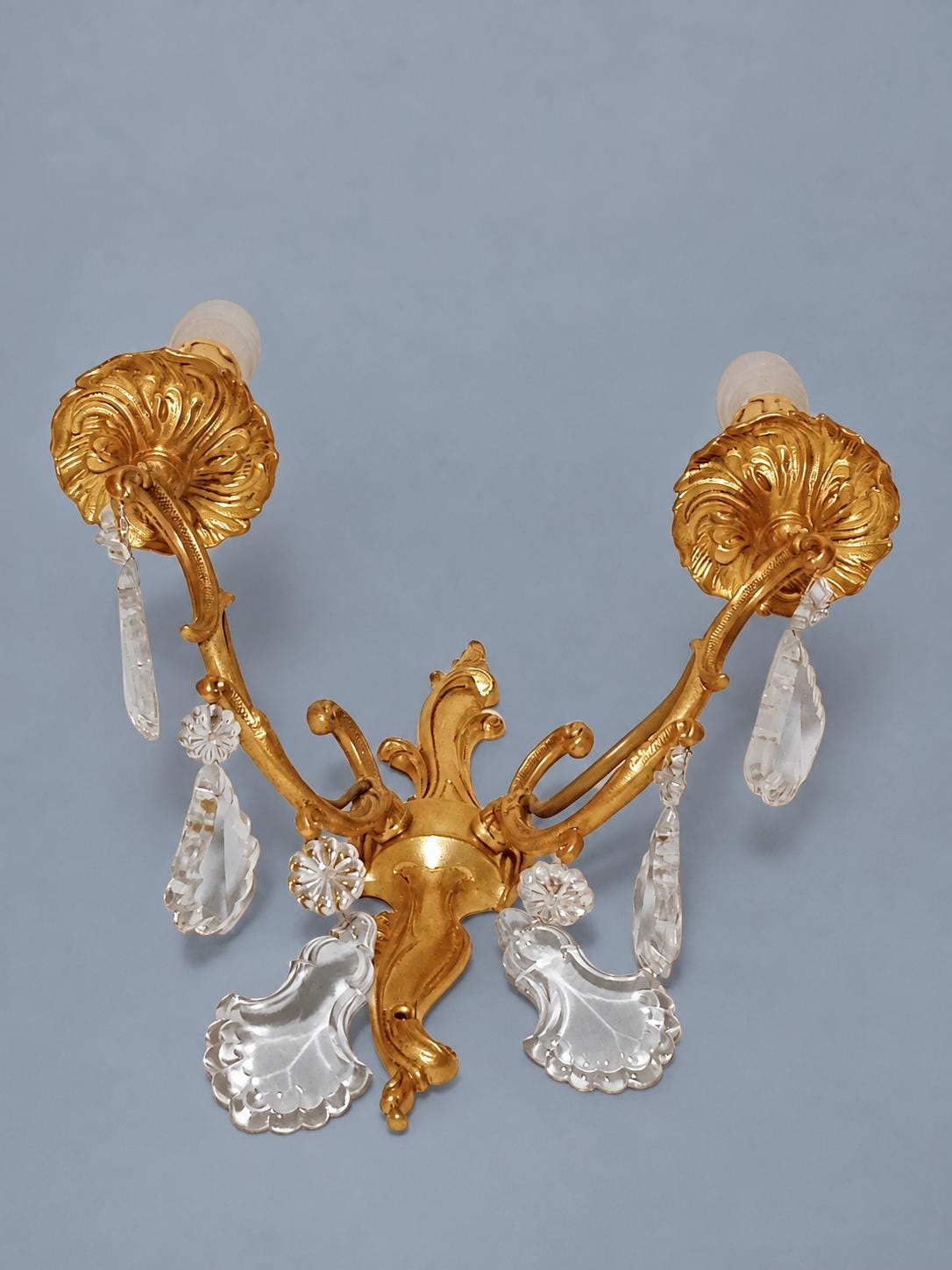 Vintage Pair of Louis XV Style Gilt Metal Wall Sconces with Faceted Glass Drops, Two Scrolled Arms Each, 36 cm