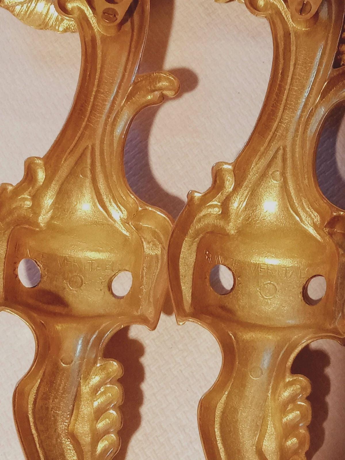 Vintage Pair of Louis XV Style Gilt Metal Wall Sconces with Faceted Glass Drops, Two Scrolled Arms Each, 36 cm