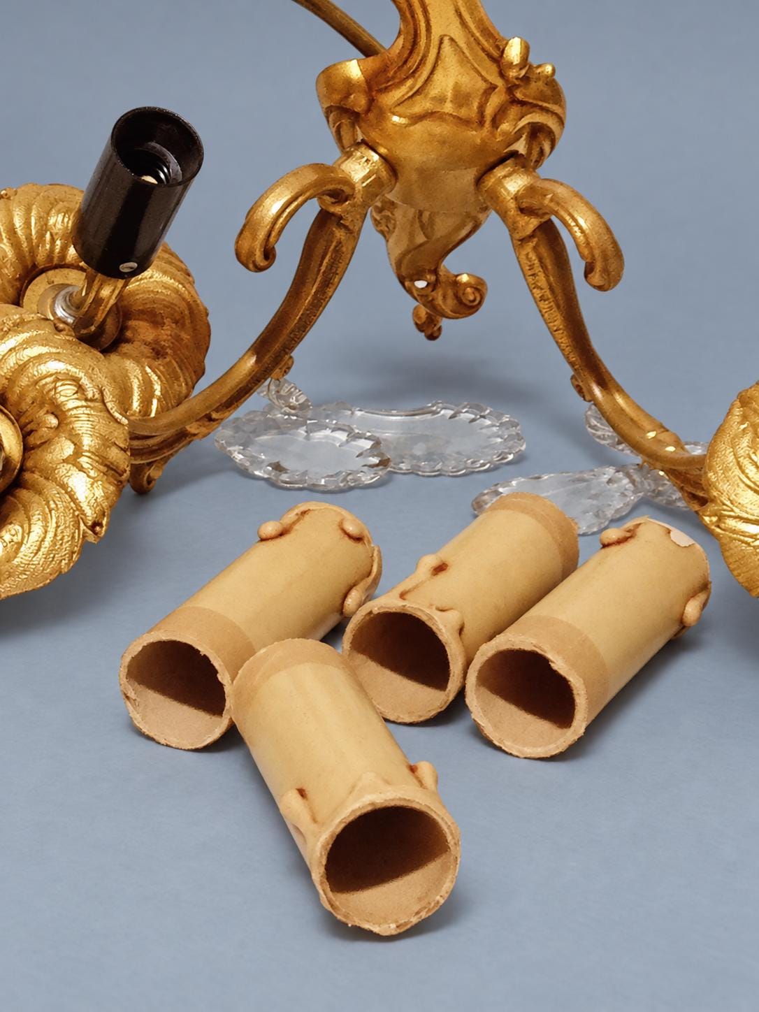 Vintage Pair of Louis XV Style Gilt Metal Wall Sconces with Faceted Glass Drops, Two Scrolled Arms Each, 36 cm