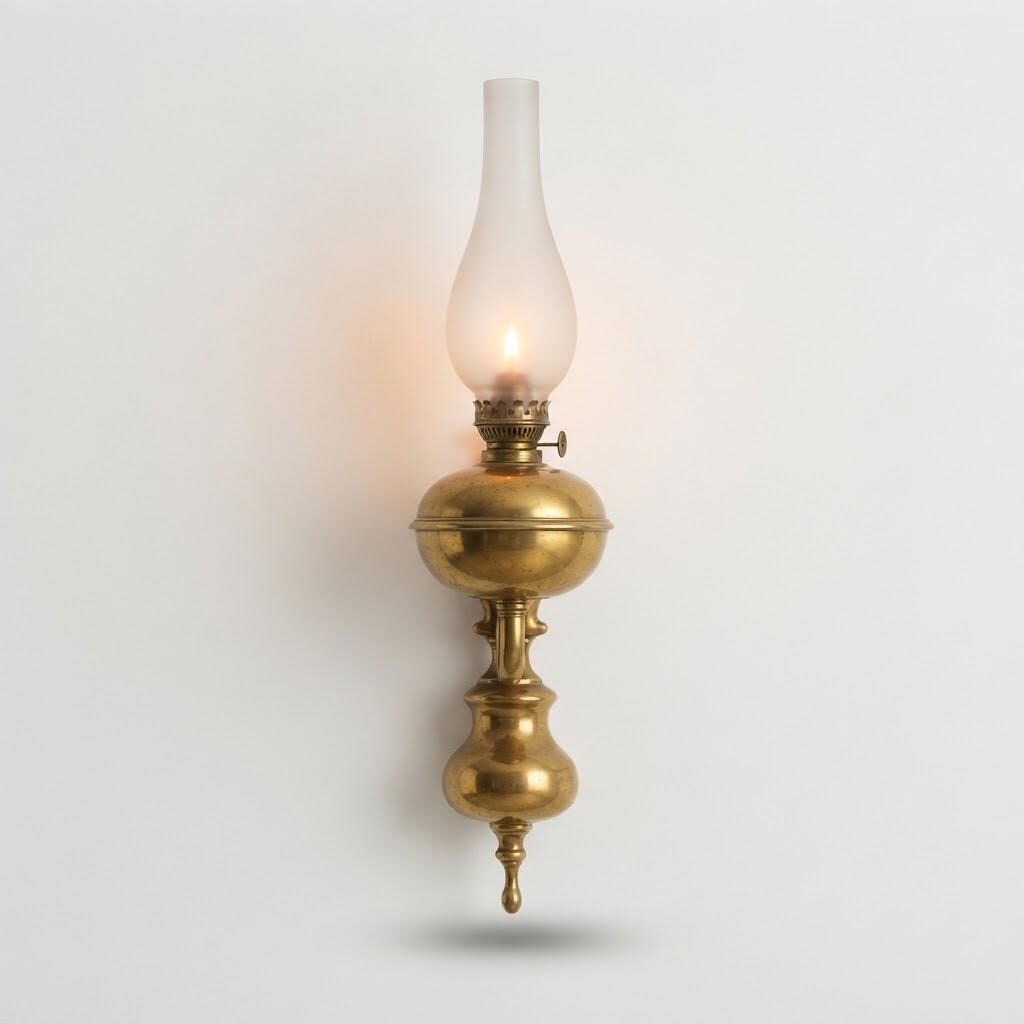Vintage Brass Wall Oil Lamp with Milk Glass Chimney, Scrolled Bracket and Turned Backplate, Working Wick Mechanism