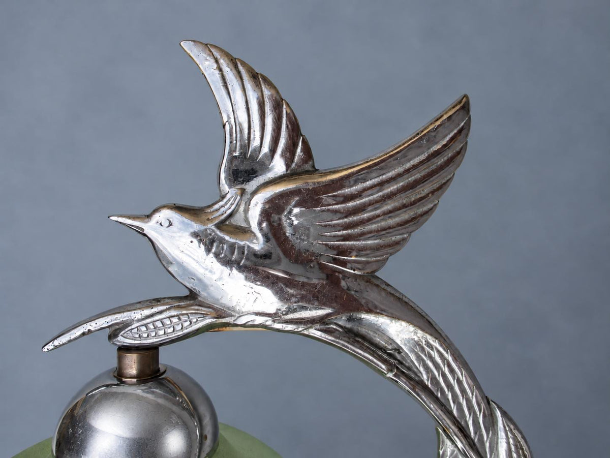Vintage Art Deco Bird Table Lamp, Attributed c. 1935, Chrome-Finish Metal Bird on Reed Stem with Green Frosted Glass Shade,Black Marble Base