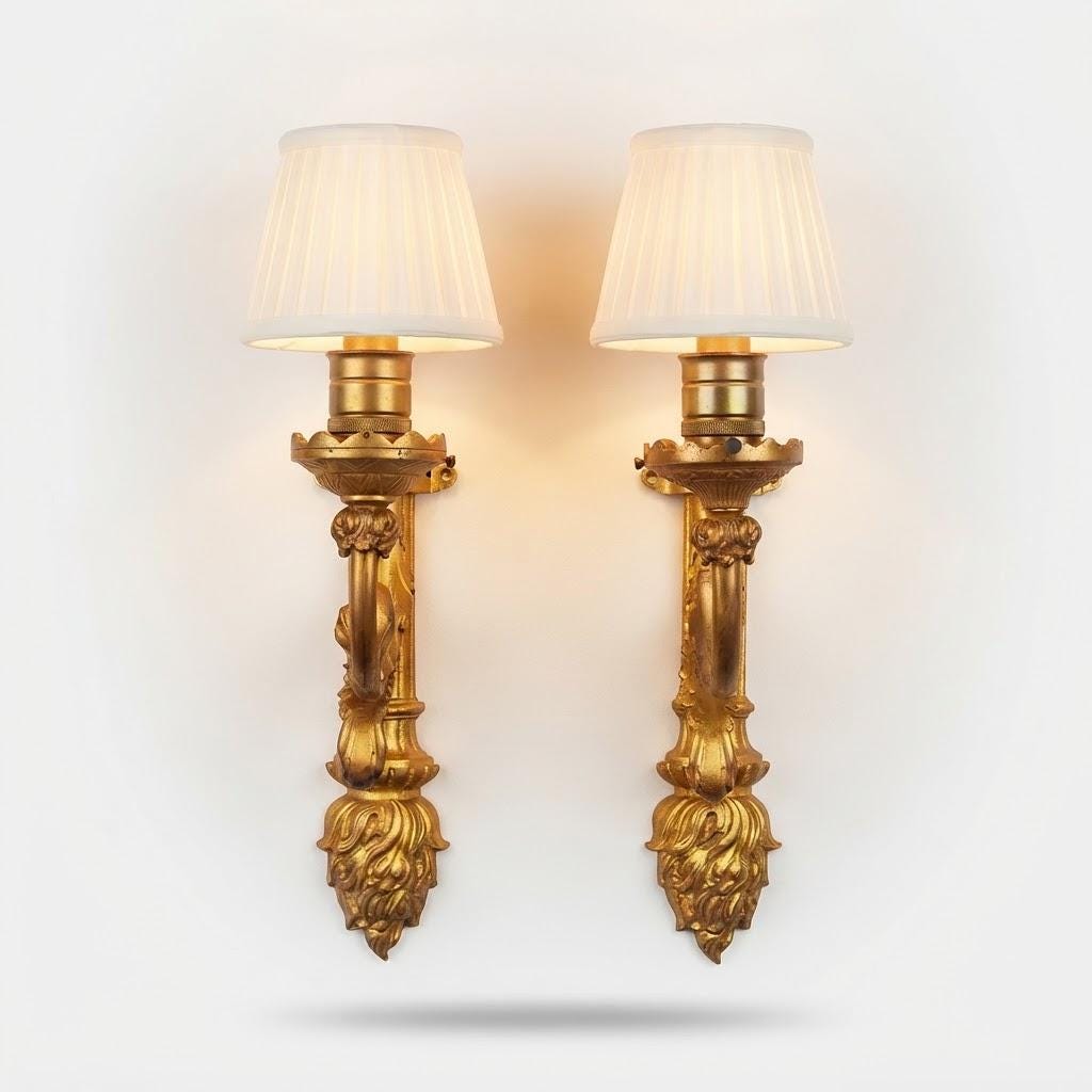 Vintage Pair of Gilt Metal Louis XVI Style Torch Wall Sconces, Single-Light with Laurel Garland and Curved Arm