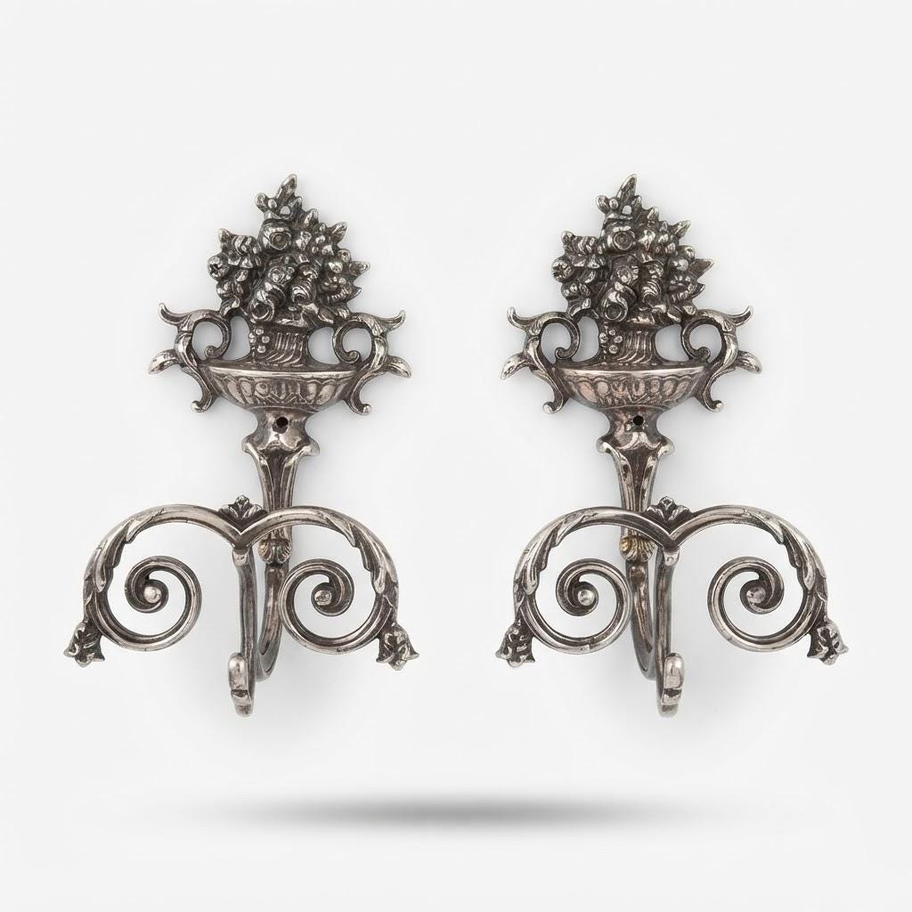Vintage Silver-Tone Metal Double Coat Hook with Flower Basket Finial, Scrolled Hooks, Ornate Wall Hook