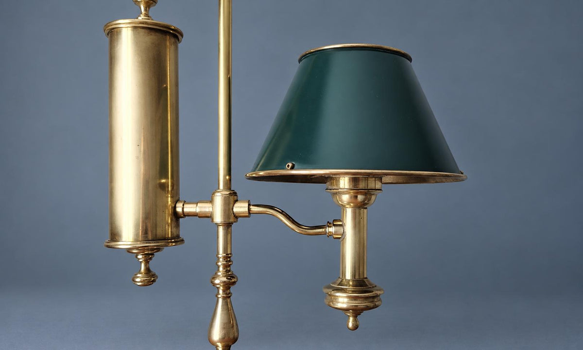 Vintage Brass Student Lamp, Victorian Style Desk Lamp with Faux Oil Reservoir and Green Painted Metal Shade, 57 cm