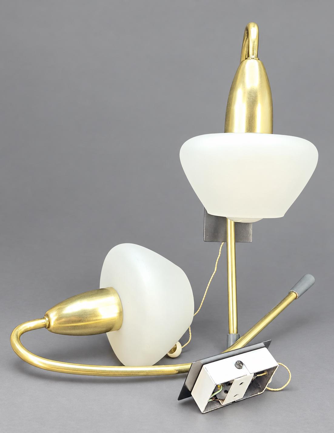 Vintage Pair of Mid-Century Modernist Wall Sconces, Attributed 1950s–60s, Brass Crook Arms with White Satin Glass Shades, Pull-Cord Switches