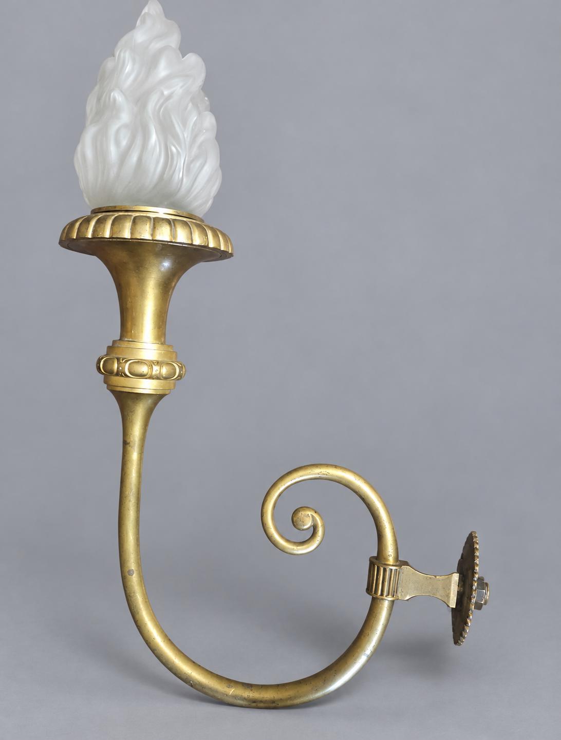 Vintage Large Empire Style Torch Wall Sconce, Gold-Tone Metal Scrolled Arm with Frosted Glass Flame Shade, Attributed 19th Century, 58 cm