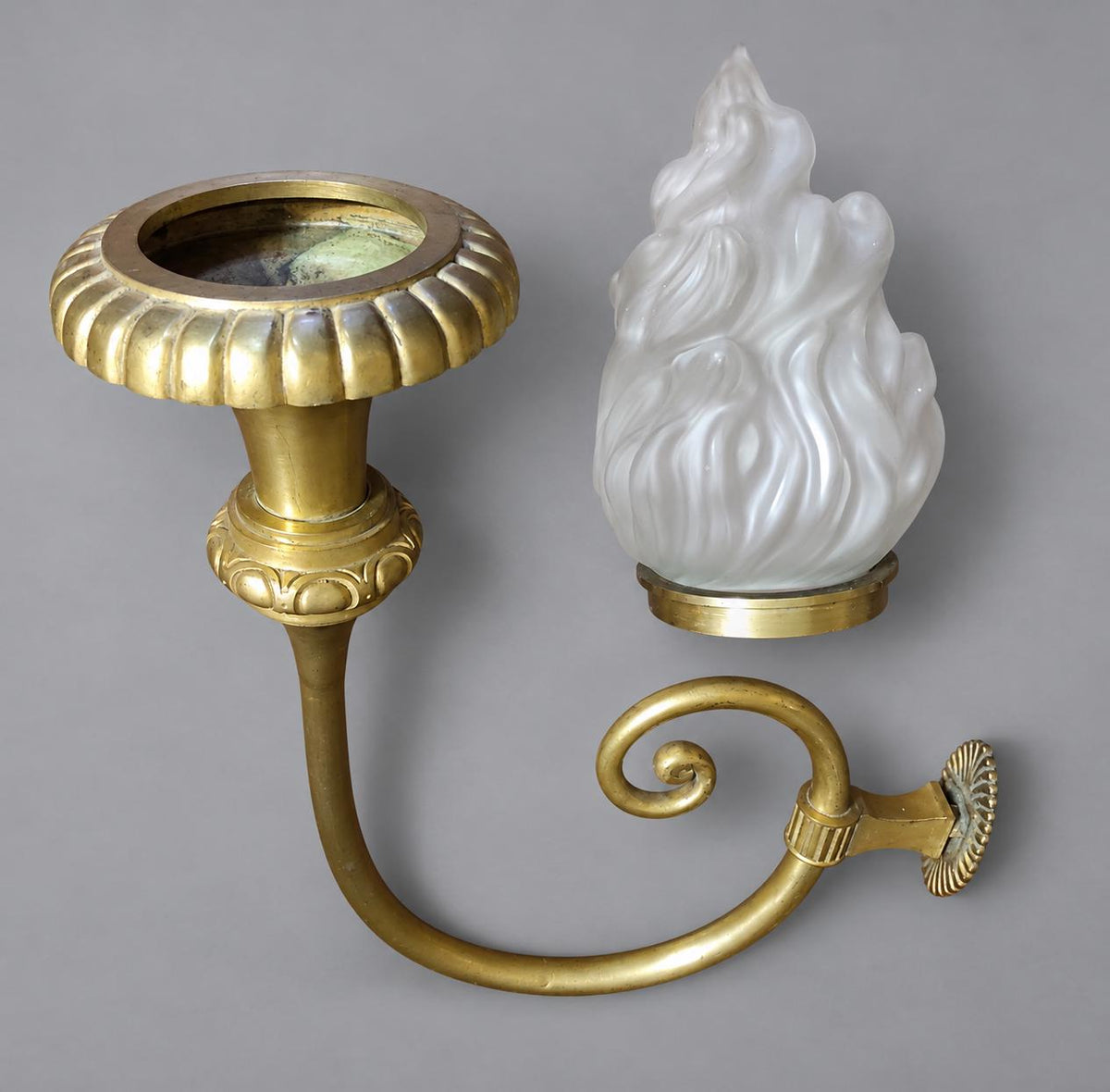Vintage Large Empire Style Torch Wall Sconce, Gold-Tone Metal Scrolled Arm with Frosted Glass Flame Shade, Attributed 19th Century, 58 cm