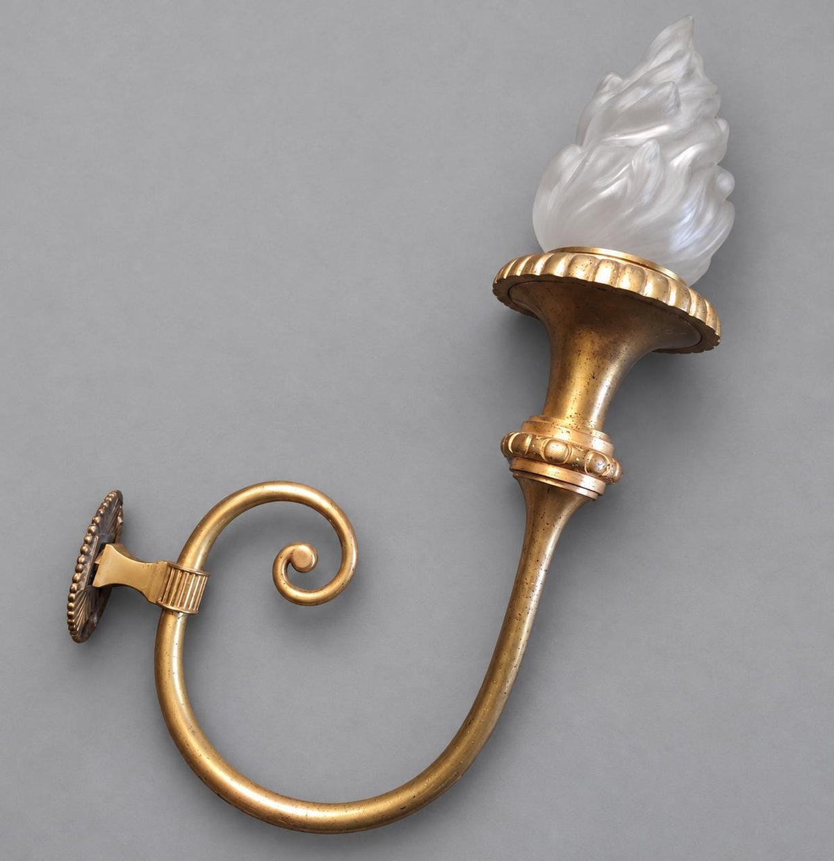 Vintage Large Empire Style Torch Wall Sconce, Gold-Tone Metal Scrolled Arm with Frosted Glass Flame Shade, Attributed 19th Century, 58 cm