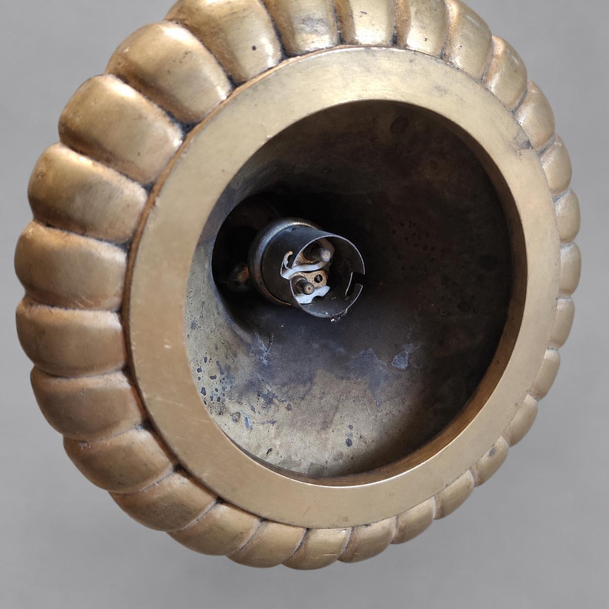 Vintage Large Empire Style Torch Wall Sconce, Gold-Tone Metal Scrolled Arm with Frosted Glass Flame Shade, Attributed 19th Century, 58 cm