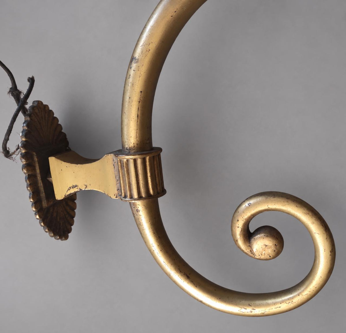 Vintage Large Empire Style Torch Wall Sconce, Gold-Tone Metal Scrolled Arm with Frosted Glass Flame Shade, Attributed 19th Century, 58 cm