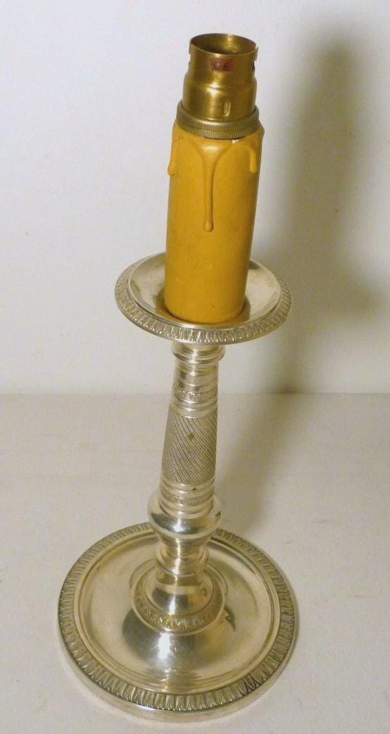 Vintage Empire Style Candlestick Table Lamp, Silver-Tone Metal with Heart-and-Dart and Beaded Bands, Attributed Late 19th Century