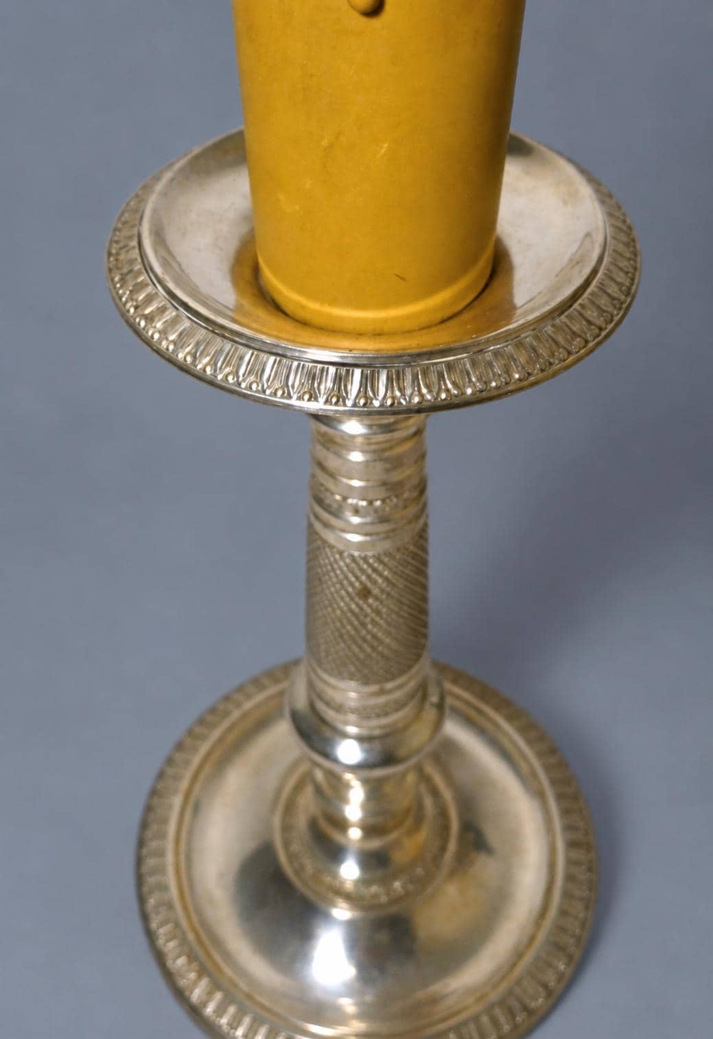 Vintage Empire Style Candlestick Table Lamp, Silver-Tone Metal with Heart-and-Dart and Beaded Bands, Attributed Late 19th Century