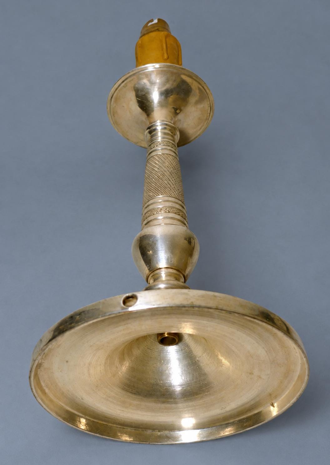 Vintage Empire Style Candlestick Table Lamp, Silver-Tone Metal with Heart-and-Dart and Beaded Bands, Attributed Late 19th Century