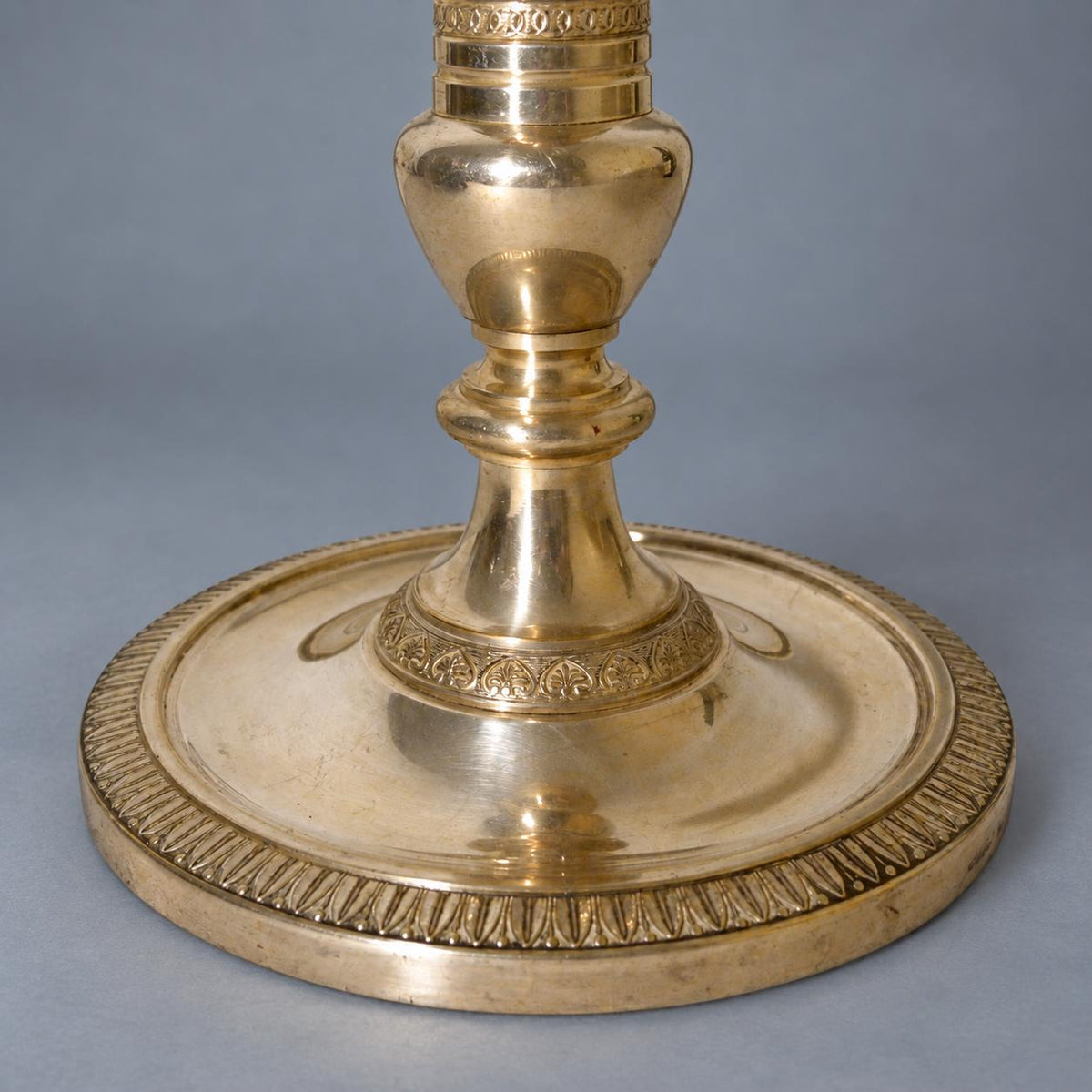 Vintage Empire Style Candlestick Table Lamp, Silver-Tone Metal with Heart-and-Dart and Beaded Bands, Attributed Late 19th Century